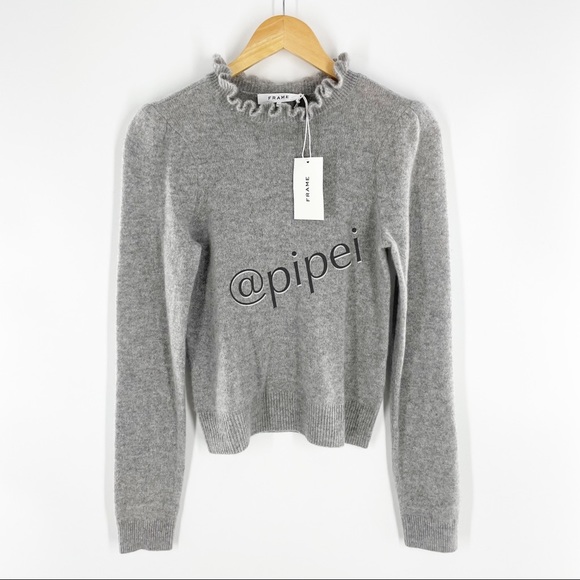 SOLD - NWT Frame Josefine Ruffle Neck Puff Sleeve Cashmere Sweater in Grey S - Picture 5 of 14